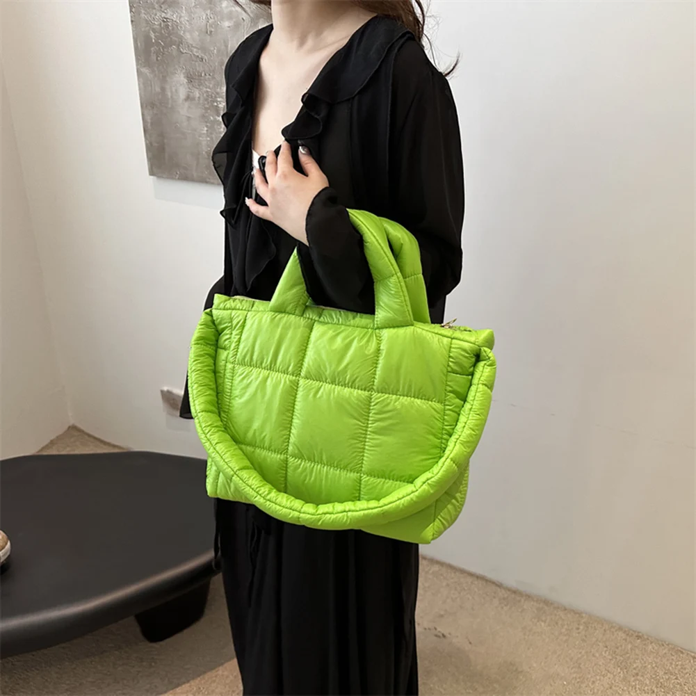 

Women Quilted Plaid Handbag Large Capacity Quilted Top Handle Bag Solid Color Puffy Shoulder Bag Female Travel Bag