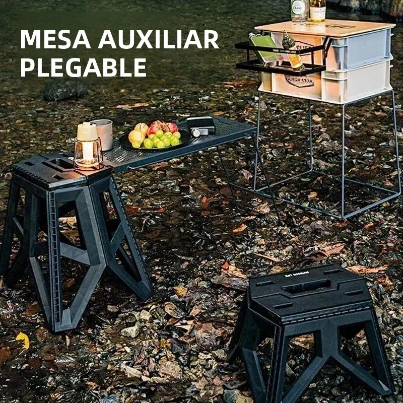 Conjunto de Mesa y Taburetes Plegables Multifuncionales para Exteriores, Mesa Auxiliar Portátil de Hierro para Camping con Rejilla para Barbacoa y Estante de Almacenamiento