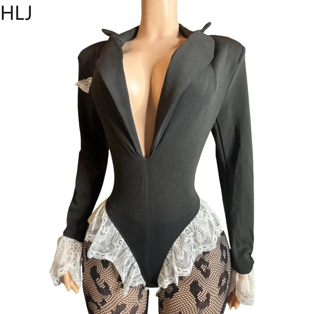 HLJ Spring Black Lace Splicing Bodysuits Two Piece Sets Women Lapel Long Sleeve And Mesh Skinny Socks Outfits Elegant Clothing