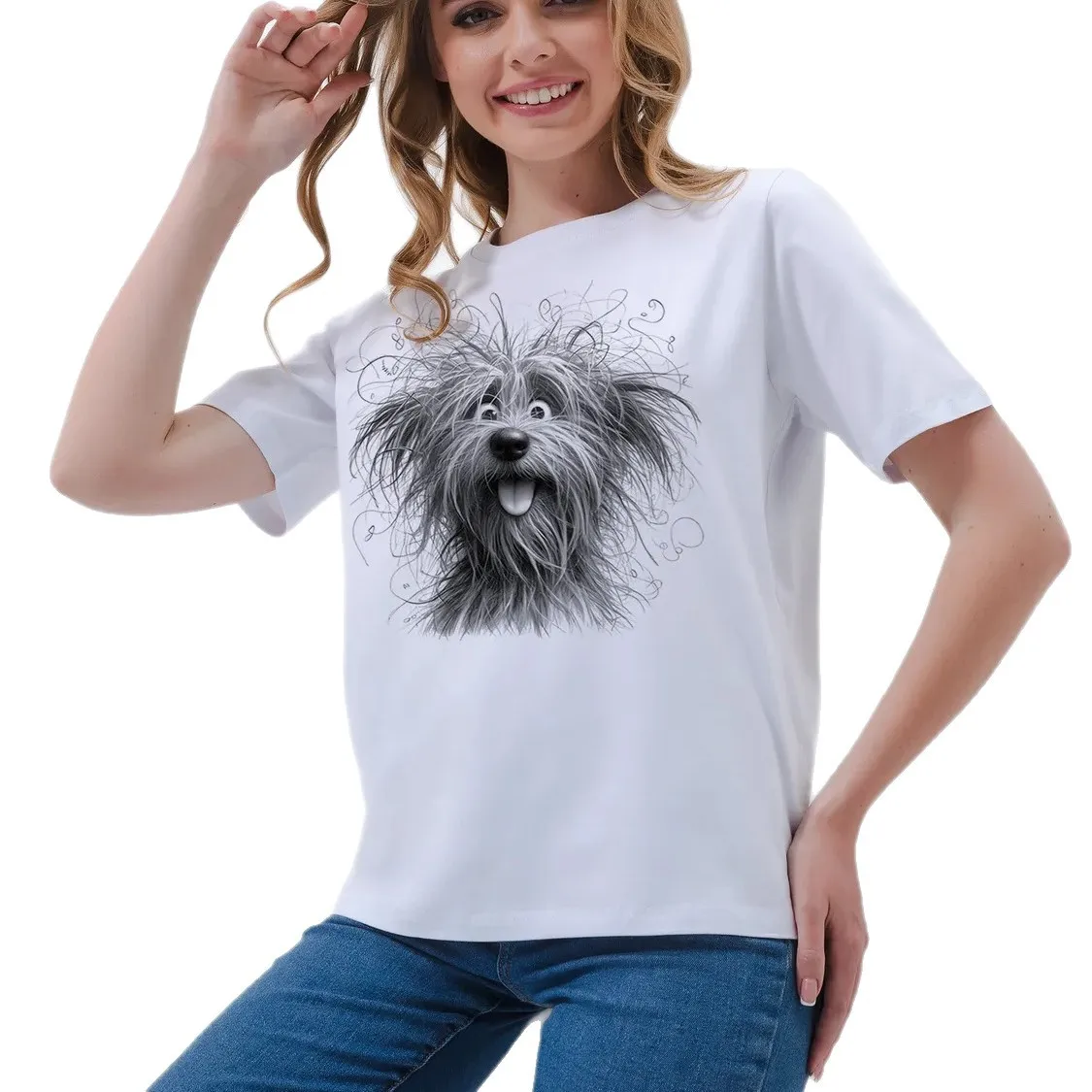 American Funny Messy Fluffy Shaggy Dog Sketch Puppy Graphic Oversized White 100% Cotton Summer T Shirt Sweet Happy Preppy Style