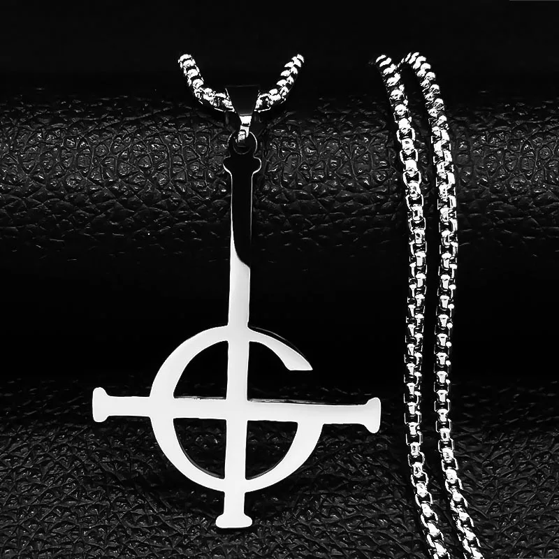 HNSP Punk Ghost Rock Band Stainless Steel inverted Cross Pendant Chain Necklace For Men Jewelry Accessories