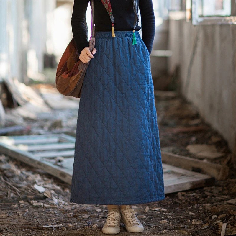 Thick Warm Cotton Linen Casual Skirt Women New Arrival 2025 Winter Vintage Style Solid Color Female A-line Long Skirts M2095