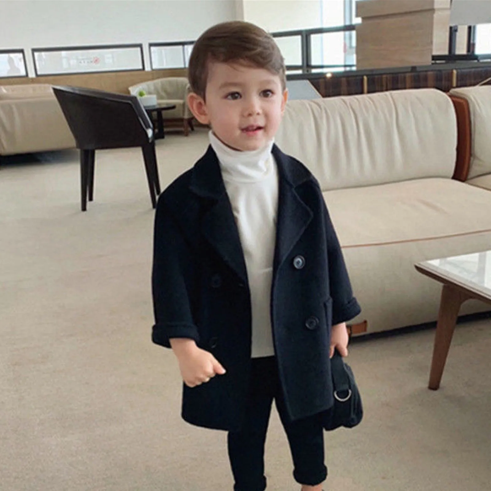 Leisure Baby Notched Breasted Plaid Coats Boys Trench Kids Elegant Double Wool Collar Jacket Coat