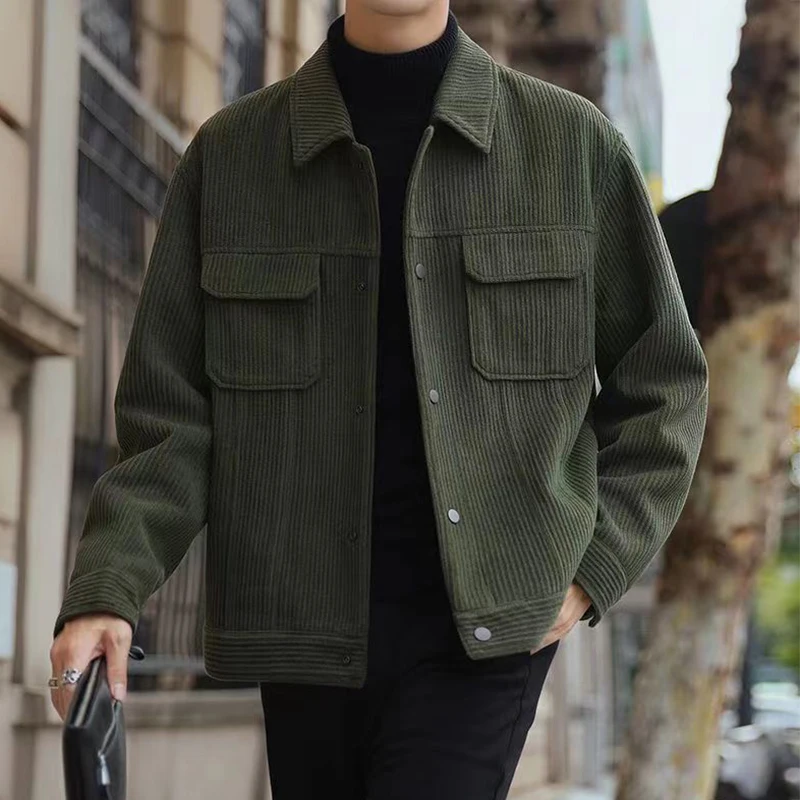 

2024 Spring Fall Men's Corduroy Outwear Trendy Solid Slim Long Sleeve Shirt Men Clothing Casual Lapel Collar Buttoned Coats