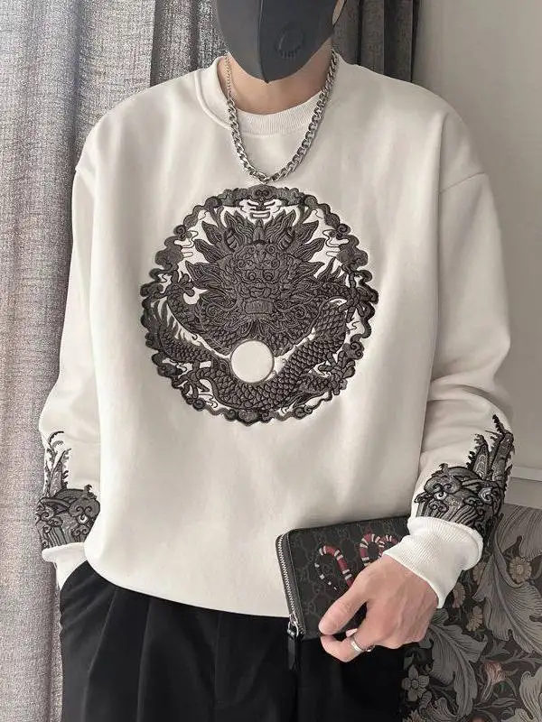 

New Chinese Sle Heavy Embroidery Sweatirt Men's Loose round Ne Long Sve Base irt Trendy Brand Spring Autumn