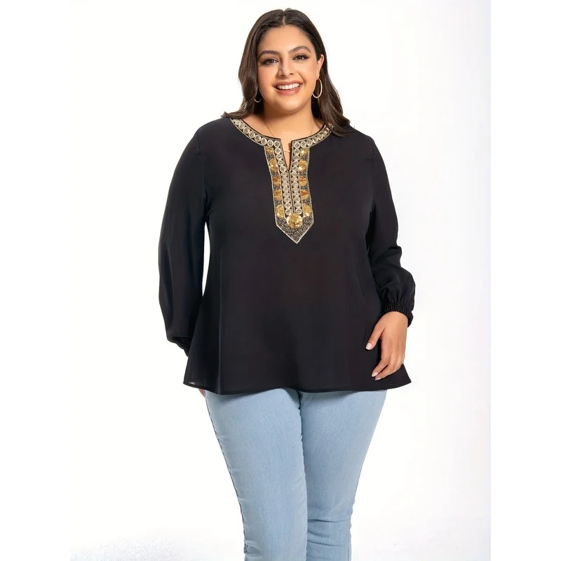 

Plus-size Women's Retro Ethnic-style Top with Gold Foil Decoration - Loose, Slimming and Versatile for Autumn Commuting