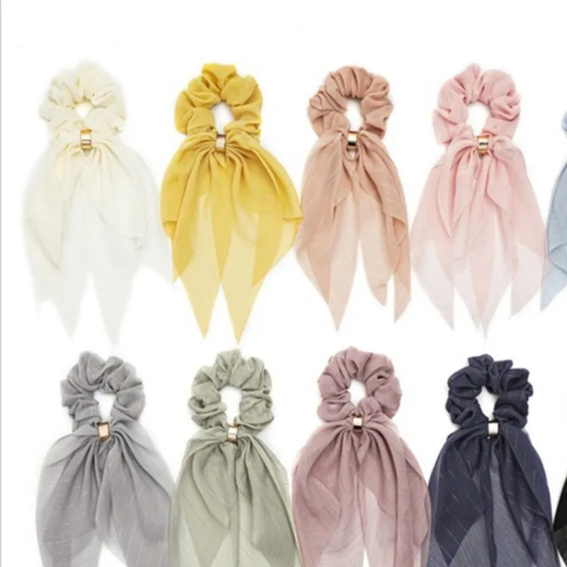 موضة الشيفون Scrunchie الشريط الطويل مطاطا رباط شعر المرأة الصلبة الشعر وشاح القوس المطاط الحبال الفتيات العلاقات الشعر اكسسوارات