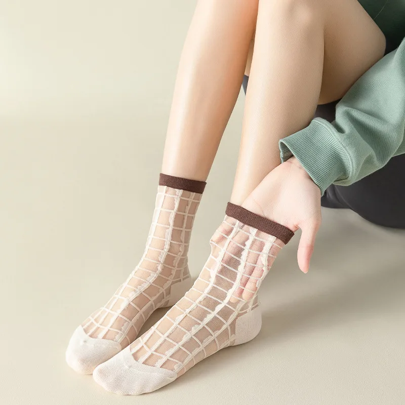 Plaid Crystal Silk Socks Women Casual Fashion Summer Elastic Long Socks Korean Style Harajuku Ultra-thin Transparent Women Socks