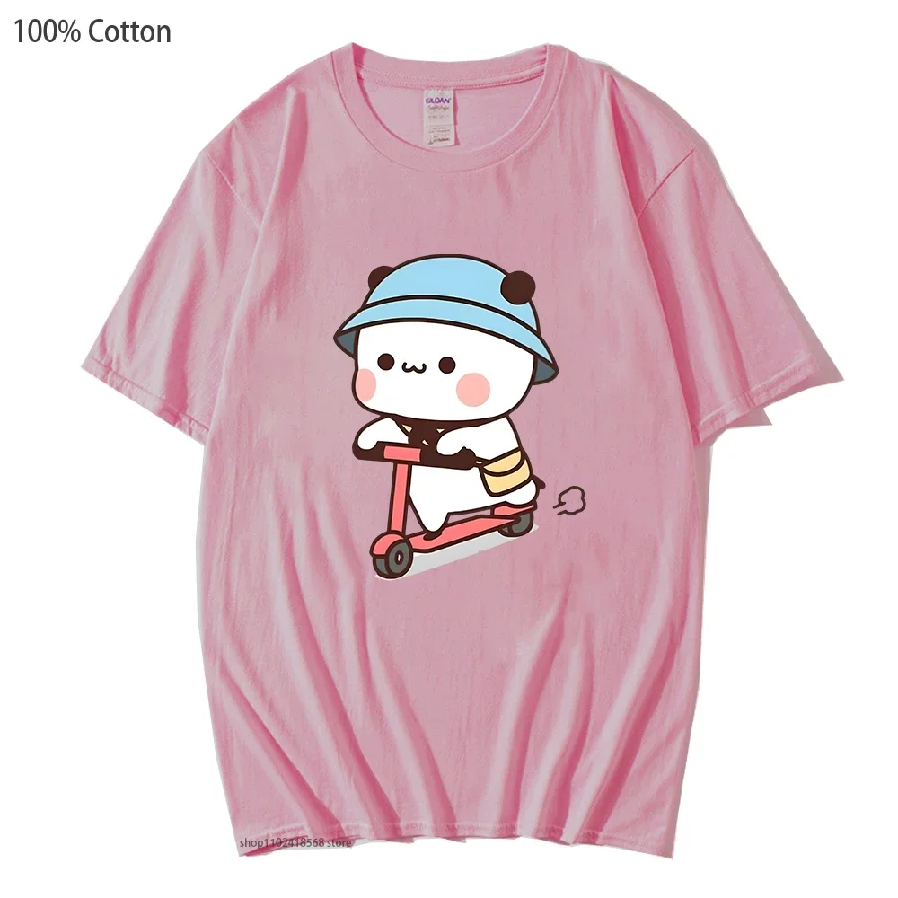 Cartoon Bubu Dudu Shirt Mochi Brownie Bear Bike Riding T-Shirts Women Kawaii Y2k Clothes Men Cartoon Top Summer Tees 100% Cotton