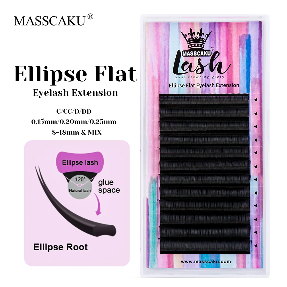 

12 Lines MASSCAKU Waterproof Double Split Tips Shaped Lash 0.15/0.20/0.25mm Thickness Individual Matte Black Ellipse Flat Lashes