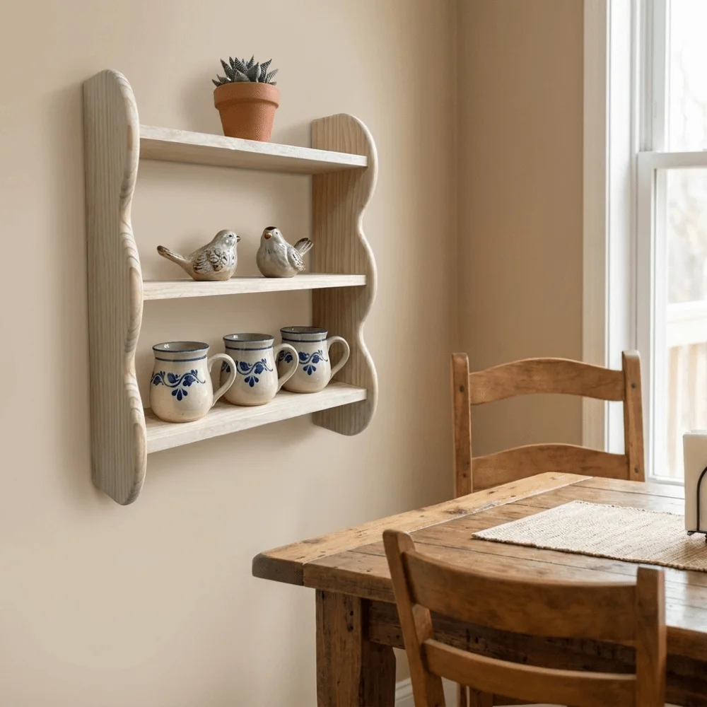 Wooden 3 Tier Wall Mounted Shelf Space Saving with Screws Wavy Edge Wooden Wall Shelf Large Capacity Wall Storage Rack Bedroom