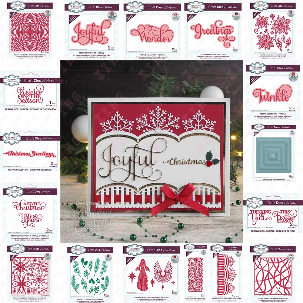 

Christmas Greetings Thinking of You Joyful Foliage Poinsettia Swirls Radiating Snowflake Panel Scalloped Border Angel Craft Dies