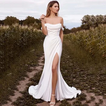 Seksi Denizkızı Straplez Beyaz Gelinlik Yan Yarık Kapalı Omuz Plaj Backless Gelin Kıyafeti Düğme Robe De Mariée Özelleştirilmiş