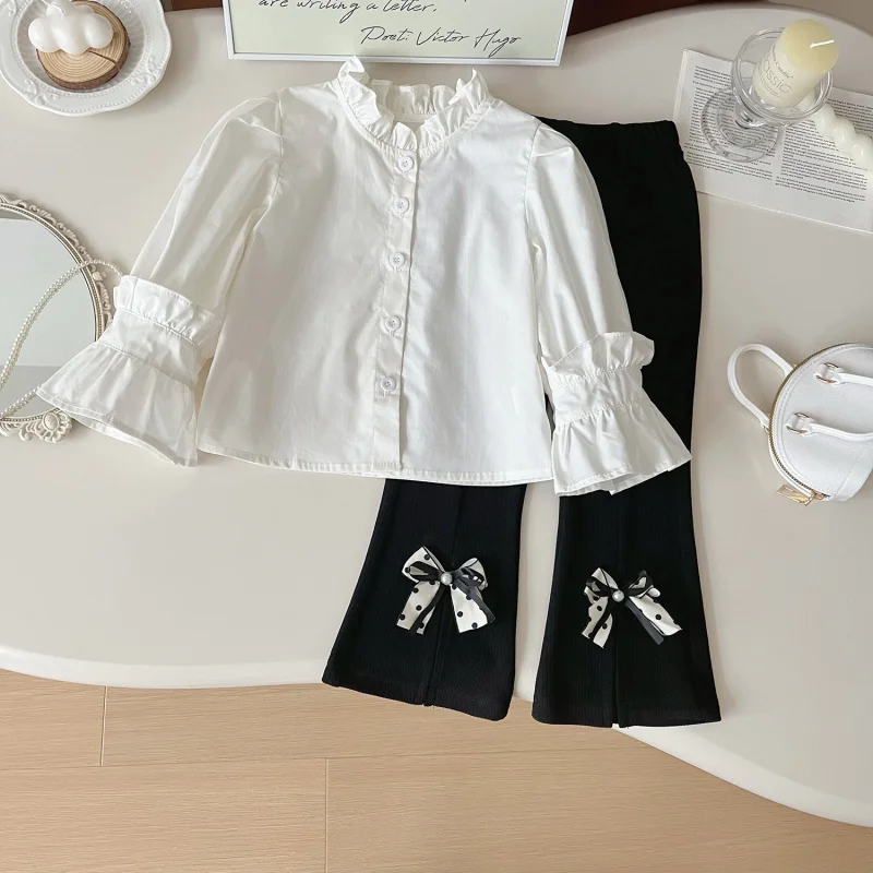 

Осенняя новая детская одежда, рубашка в корейском стиле с черными повседневными штанами, детская одежда