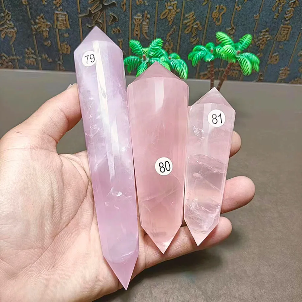 Natural Energy Pink Crystal Quartz Vogue Style Wand Point, Reiki Home Decor, Purifying the Air for spiritual Healing, 24-side