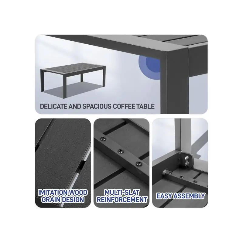 회색 프레임 러브 시트 소파, 짙은 회색 쿠션 및 커피 테이블, 알루미늄 프레임, 거실용 현대적인 디자인