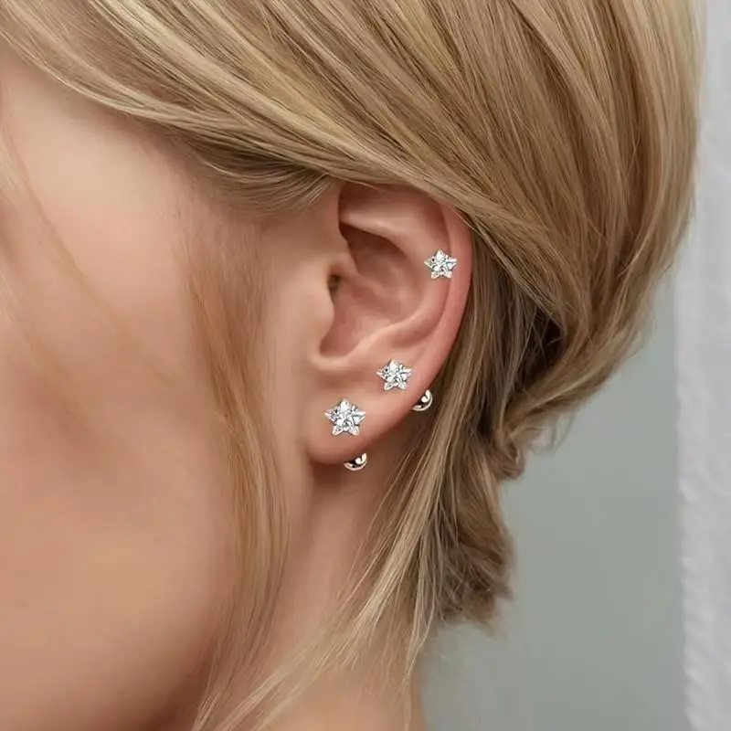 3pairs 4/5/6mm Elegant Minimalist Stainless Steel Star Ear Cartilage Studs Five-Pointed Star Screw Earrings Ear Piercing Jewelry