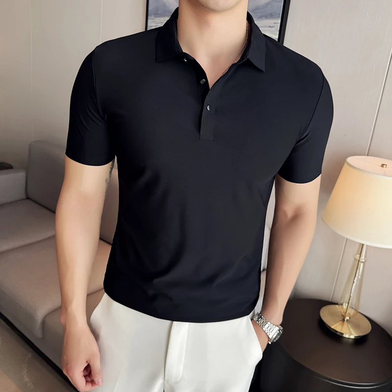 Polo da uomo ad alta elasticità 2024 estate leggera sottile seta di ghiaccio senza cuciture tinta unita Casual Slim Fit t-Shirt moda uomo abbigliamento