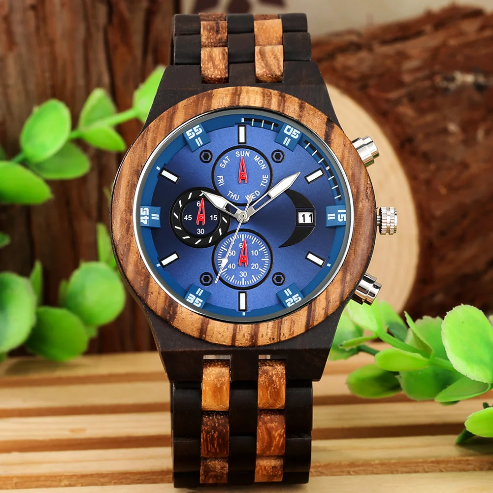 

Top Fashion Blue Dial Chronograph Reloj Multifunctional Wooden Quartz Mens Watches Mixed Full Wooden Band Men Relogio Masculino