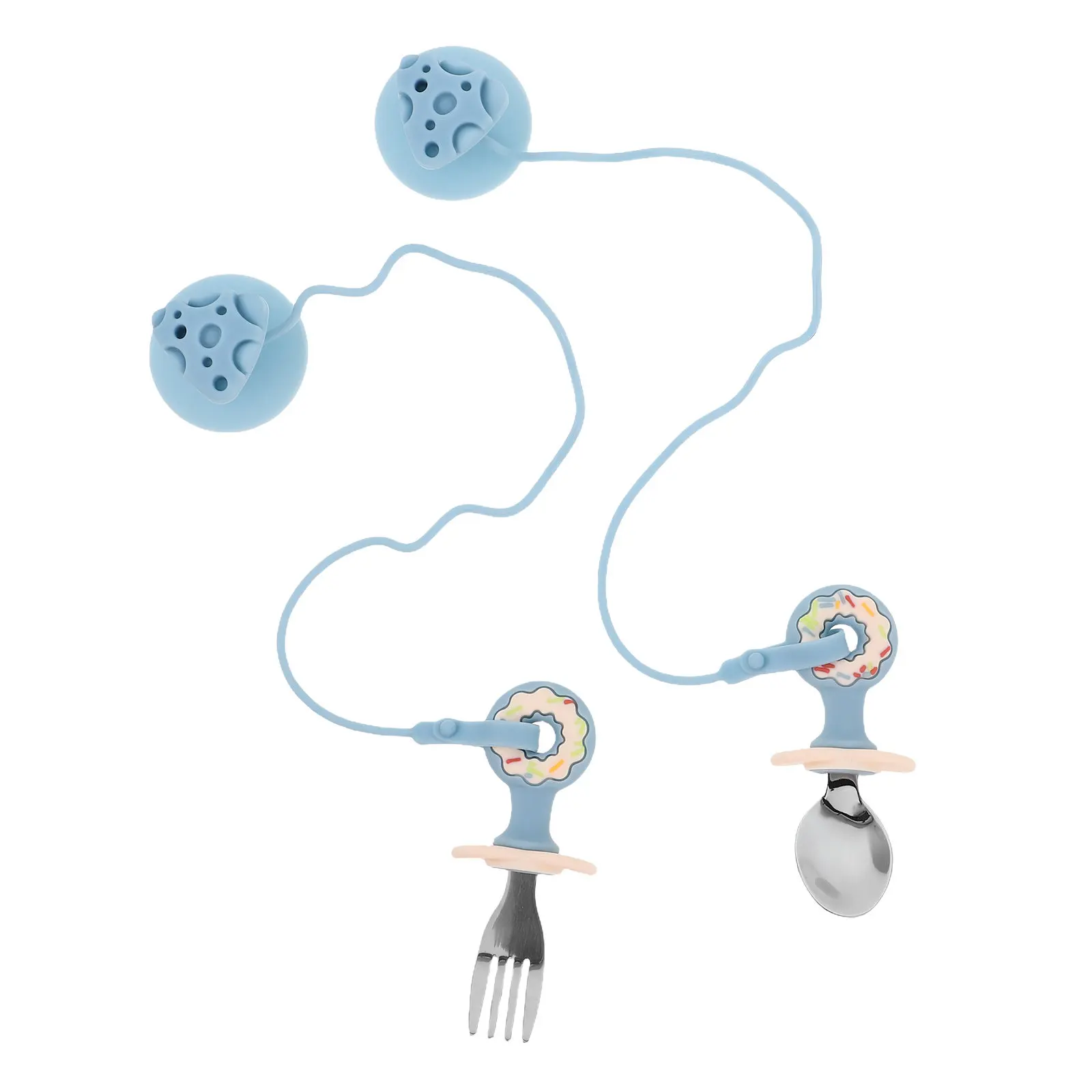 

1Set Baby Utensils Silicone Stainless Steel Toddler Spoon Fork Feeding Tableware Anti-Drop Chain Training Supplies