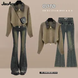 Suéter de punto con cuello de Polo para mujer, pantalones vaqueros ajustados, cárdigan elegante coreano con cremallera, conjunto a juego, otoño e invierno, nuevo, 2 piezas