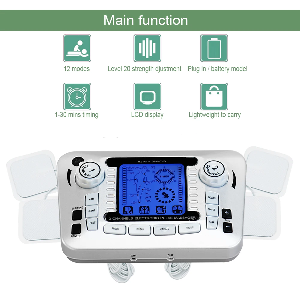 TENS Electrostimulator EMS Massager Muscle Stimulation Electric 12 Modes Low Frequency Physiotherapy Device Relaxation Treatment