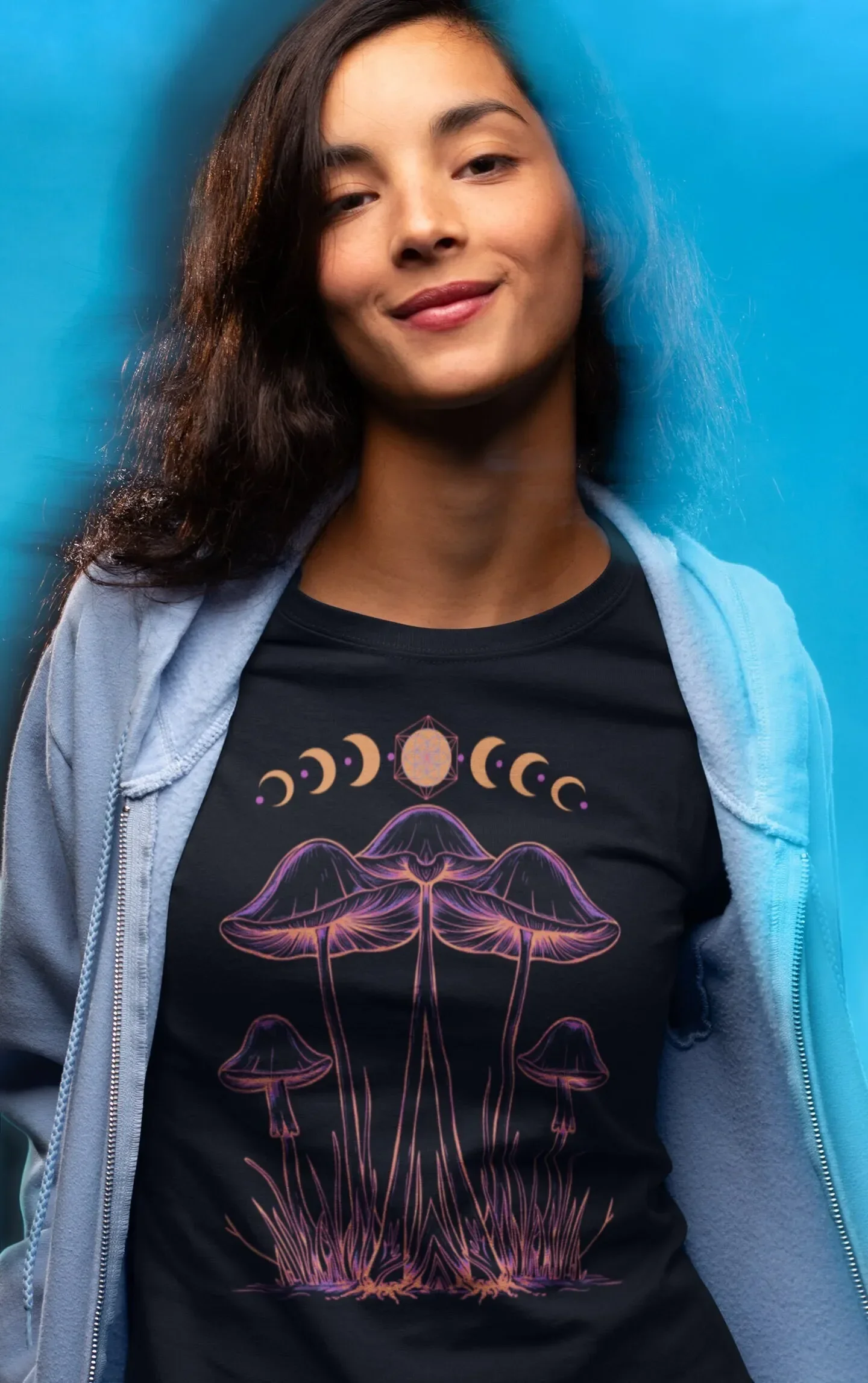 Mushroom Decor T Shirt Moon Phases Festival Outfit Classic Fit Sacred Geometry Cozy Boho Spiritual Top Trippy Burning Man