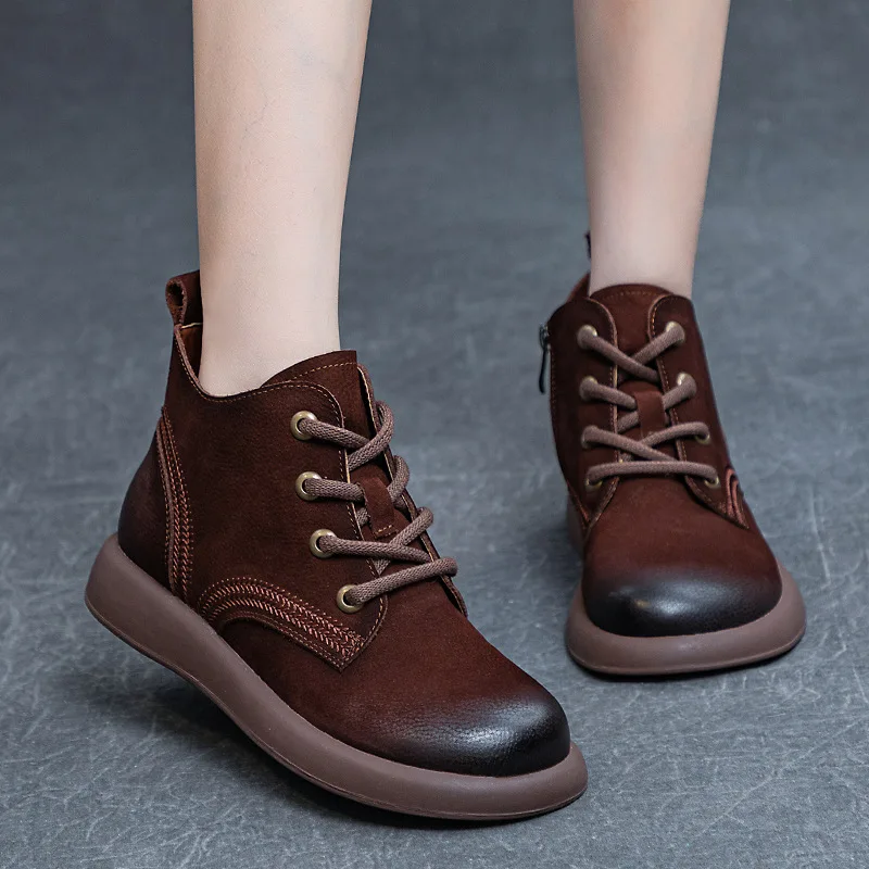 New Women's Genuine Leather Short Boots Retro Flat Bottom Soft Bottom Cowhide Bare Boots