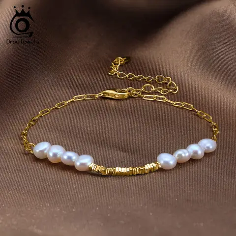 ORSA JEWELS 고품질 4-5mm 바로크 진주 구슬 팔찌 14K 골드 도금 진주 팔찌 미니멀리스트 쥬얼리 액세서리 GPB37