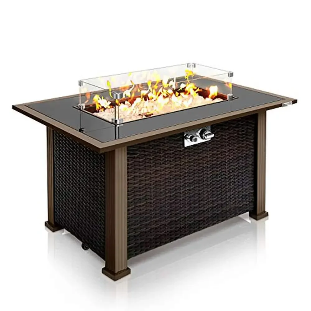 Outdoor Fire Pit Table 50,000 BTU Elegant Gas Fire Table with Rattan Panel and Glass Top CSA Approved Dual-Function Design