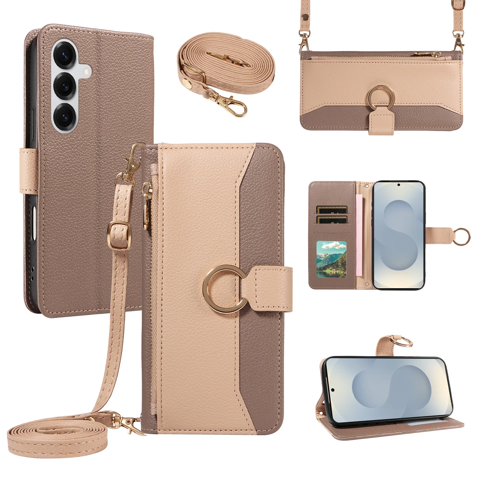 Patchwork-Ring-Reißverschluss-Brieftaschen-Schutzhülle für Samsung S26Ultra S25 Plus S24+ S23 S22 S21 S20 Fe Handyhülle mit Münzfach und Umhängegurt Kunstleder-Handytasche – Detail 2