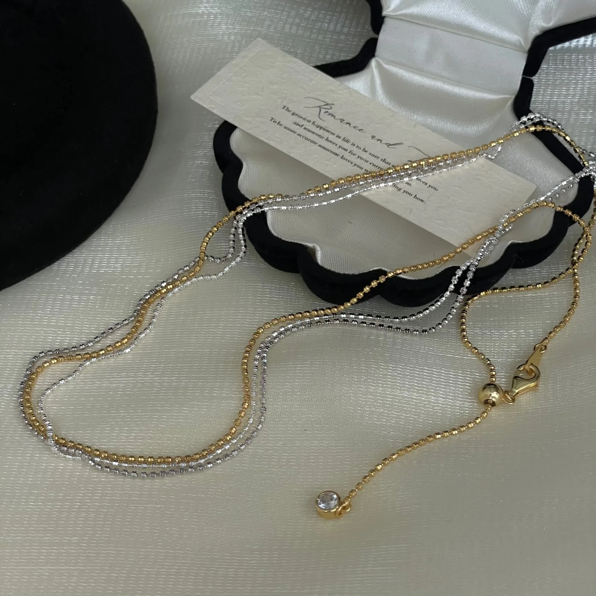 

S925 sterling silver sparkling pull-out necklace with round beads, high-end sensory chain, light luxury layered collarbone chain