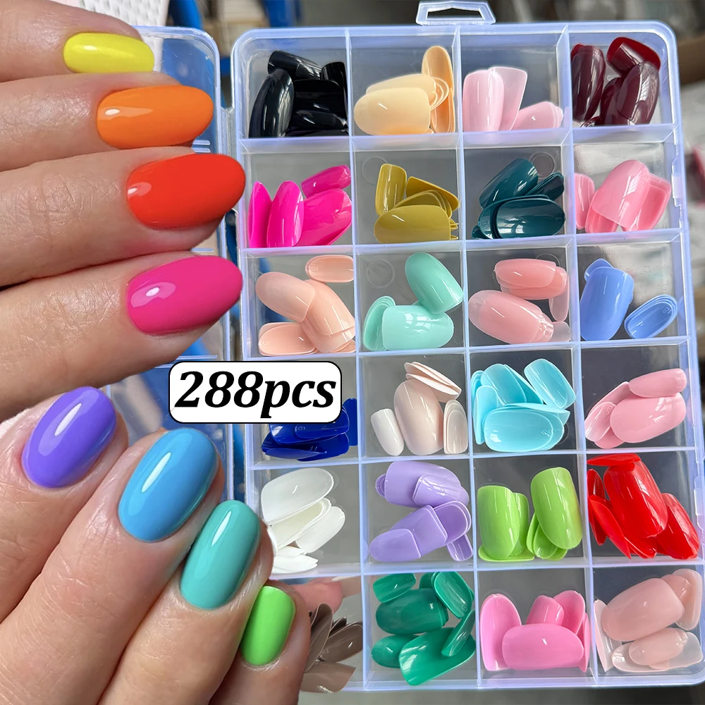 288 Stück Bunte Kurze Ovale Aufklebenägel Süße Macarons Einfach Anwendbare Künstliche Nägel Glänzende Mandel-Vollabdeckung Acryl-Kunstnägel