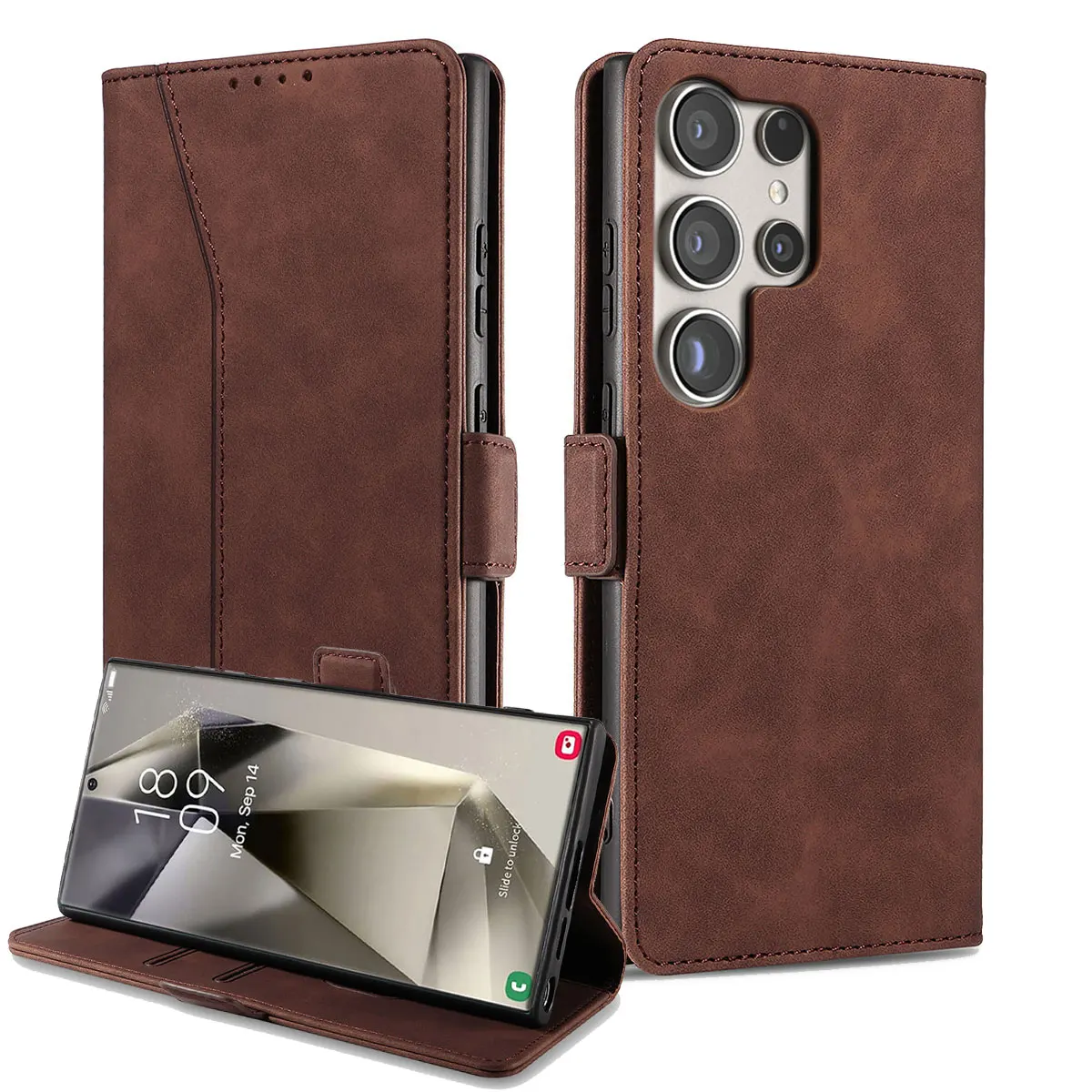 For Samsung Galaxy S24 Ultra 5G Leather Case Rugged Phone Flip Card Slots Magnetic Wallet Phone Cover Dark Brown