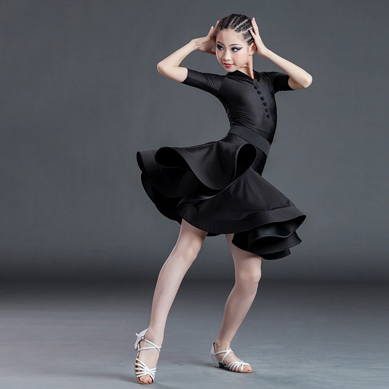 Robe de danse latine pour enfants, robe de danse pour filles, manches courtes, fendue, vêtements de spectacle, ensemble deux pièces