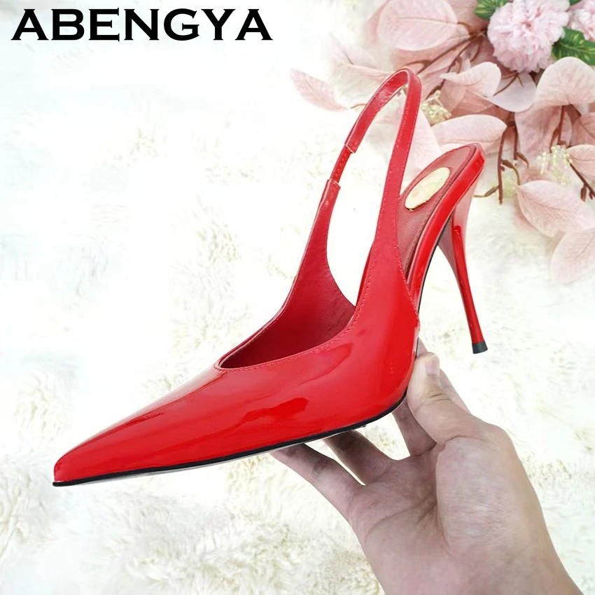 2026 Summer Pointed Toe Thin High Heels Sandals Women Patent Leather Slingbacks Stilettos Ladies Sexy Party Dress Sandals Female