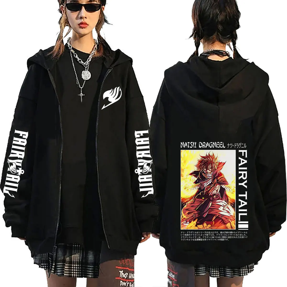 Moletom com Zíper Gráfico de Anime Fairy Tail, Estampa de Desenho Animado Natsu Dragneel, Jaqueta com Zíper, Casaco Vintage Oversized para Homens e Mu