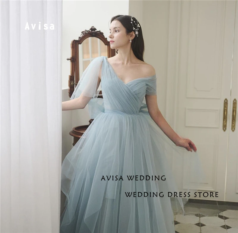 Fairy Dusty Blue Tulle Long Prom Dresses, Lady Korea, largos vestidos de noche hasta el suelo, vestido de fiesta de boda Formal elegante