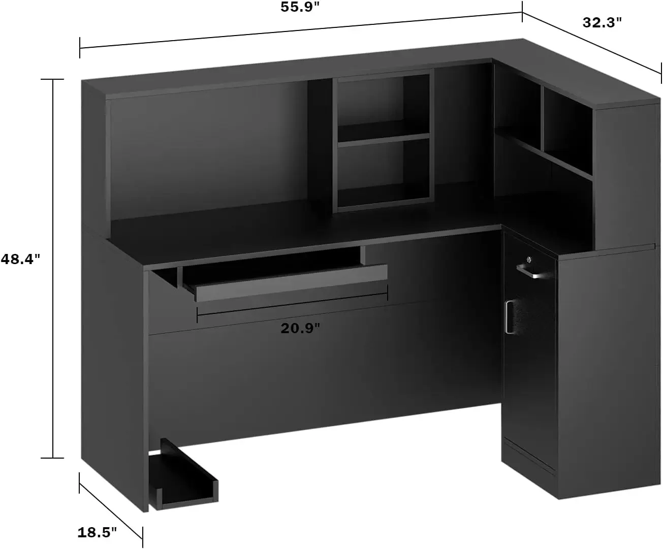 Modern Reception Counter, Large Storage Shelves and Drawers, Retail Counter Front Desk for Reception Room - Black