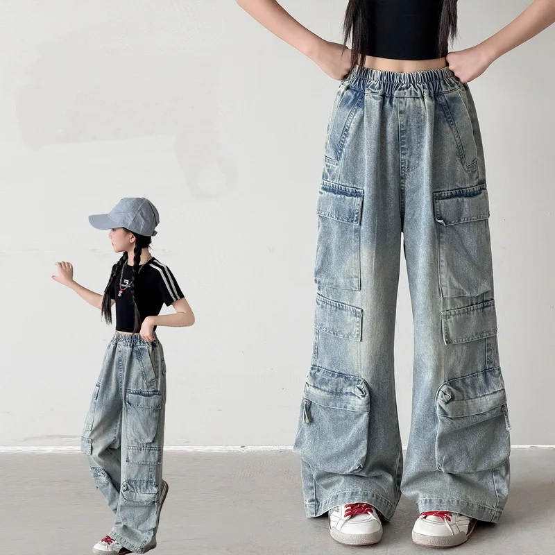 Teenage Girls Casual Cargo Jeans With Multi Pocket Preppy Loose Straight Children Denim Pants Fashion Kids Trousers Sweatpants