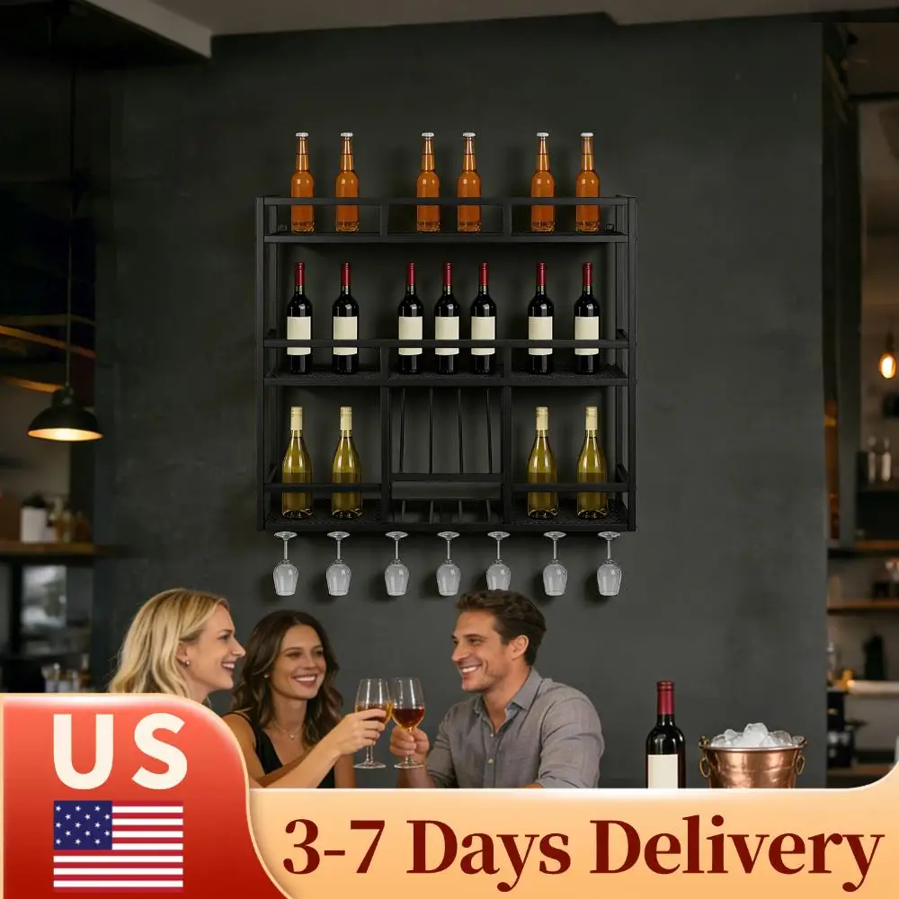 

3 Tiers Bar Liquor Bottle Display Shelf with Glass Holder Liquor Bottle Display Storage Shelf for Home Bar Kitchen Dining Room