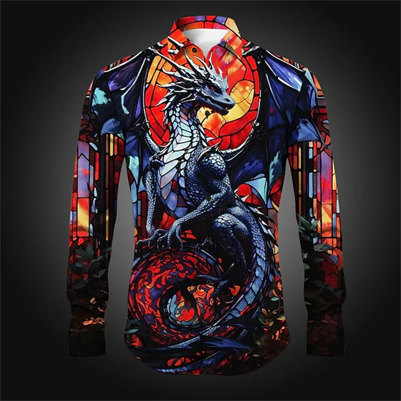 

Men's Dragon Button Shirt Long Sleeve Abstract Daily Wear Out Spring and Summer Lapel Printed Button Shirt Yellow Red Blue Purpl