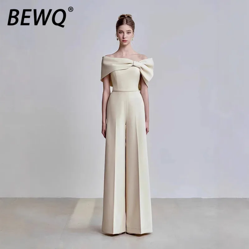 

BEWQ Fashion Women's Jumpsuits Strapless Ivory Off-the-shoulder Twist Knot Waist-cinching Wide-leg Jumpsuit 2025 Autumn New