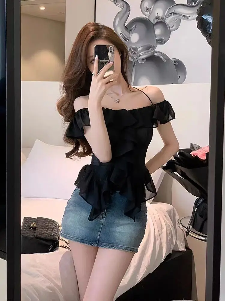 Pleated Sexy Black Blouse Women Ruffled Slim Harajuku Irregular Top Y2k Aesthetic Slash Neck Grunge Blusas Streetwear De Mujer