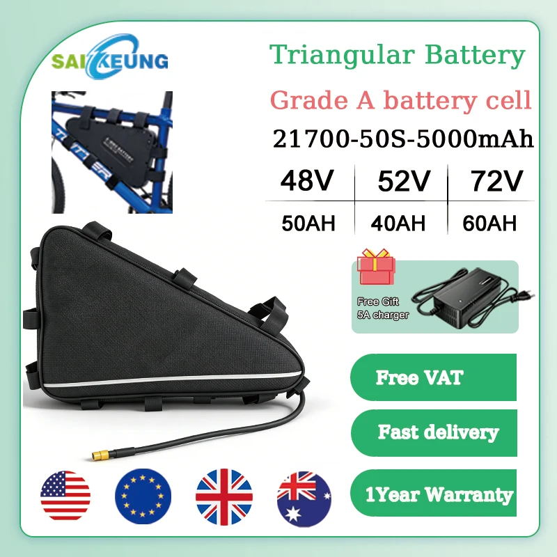 

Аккумулятор для электровелосипеда 72V 60AH треугольной формы, 48V 50AH, 52V 40AH, 30-45AH, литий-ионный, для моторов Bafang 3000W, 2000W, 1000W