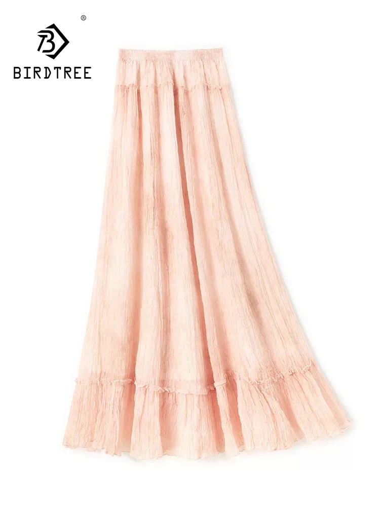 BirdTree-Silk Bubble Crepe Elegant Skirts, Elastic Waist Tie-dye Print, Women Vacation Thin A-line Skirt, 2026 Autumn B68830CC