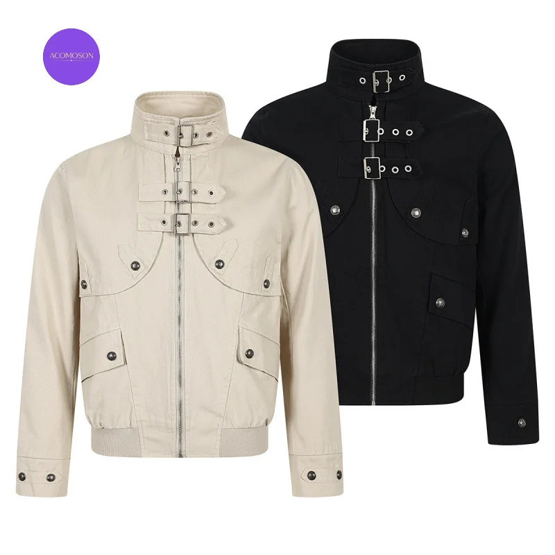 ACOMOSON Autumn Heavy-Duty Washed Stand-Collar Jacket With Metal Buckle Work Street Travel Punk Jacket For Men Women