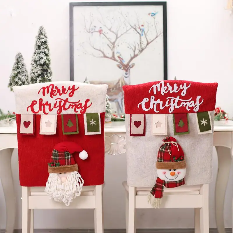 Christmas Chair Cover Dinner Dining Table Santa Claus Snowman Red Ornament Chair Back Covers Christmas Decoration