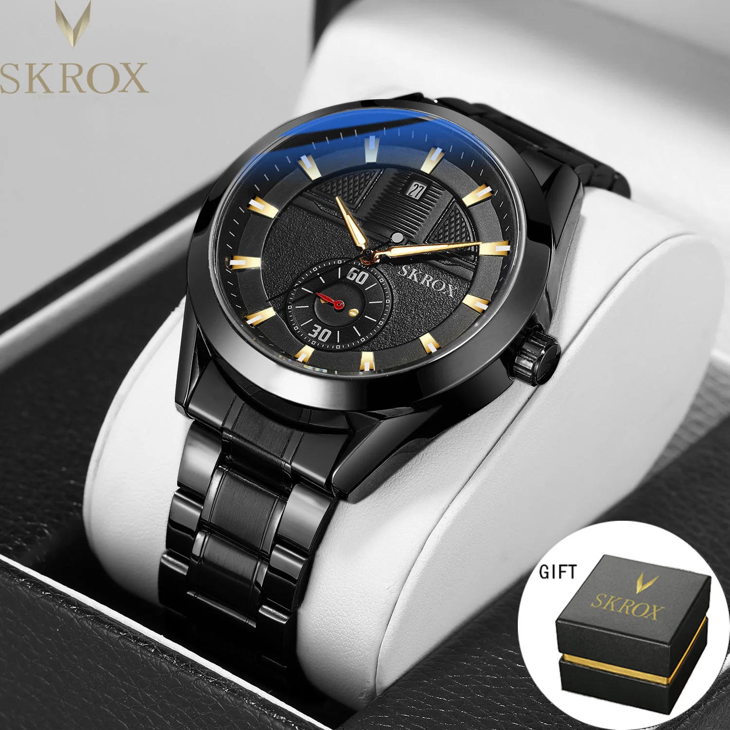 SKROX Orologio da uomo originale quadrante blu in acciaio inossidabile meccanico automatico impermeabile luminoso militare orologi da polso maschili