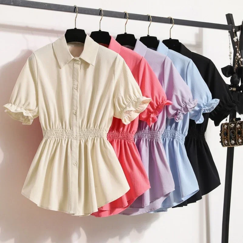 

Summer 2025 Women Big Size Tops Coat New Korean Style Loose Chiffon Blouse Women Casual Oversized Tops Solid Color Shirt